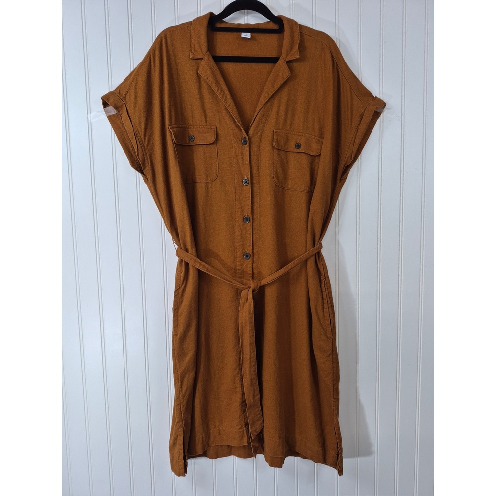 Old Navy Womens Spice of Life Linen Blend Button Down Shirt Dress Brown Large